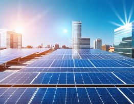 An informative illustration demonstrating the different types of solar panels and their efficiencies, overlaid on a commercial building rooftop.