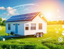 Illustration of a mobile home with solar panels on the roof, surrounded by icons that represent saving money, reducing environmental impact, and increasing home value.