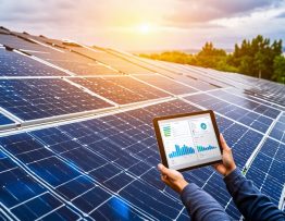 A rooftop solar panel array partially covered in dirt and debris, with a technician using a tablet to monitor system performance.