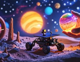 A solar-powered rover exploring a Mars-like terrain with a glowing solar system mobile above, child's hands holding a constellation map, and a sun clock and terrarium in the background.