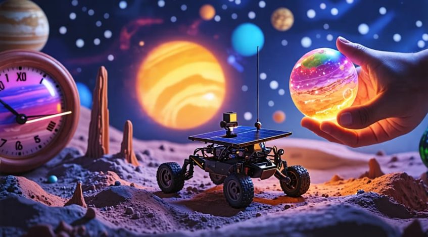 A solar-powered rover exploring a Mars-like terrain with a glowing solar system mobile above, child's hands holding a constellation map, and a sun clock and terrarium in the background.