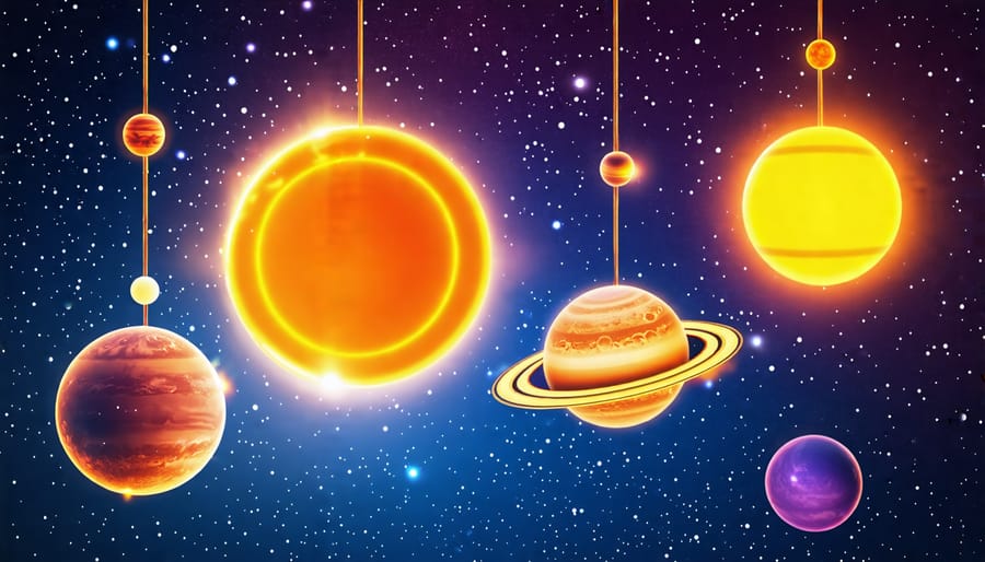 Illuminated solar system mobile with planets and solar-powered lights