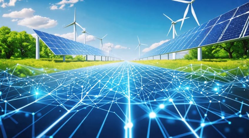Abstract representation of AI-driven advancements in renewable energy, with digital algorithms interacting with solar panels and wind turbines in a sustainable environment.