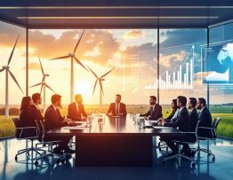 A group of business leaders in a conference room discussing strategies with a view of wind turbines outside the window, representing the balance of business and sustainability in wind energy.