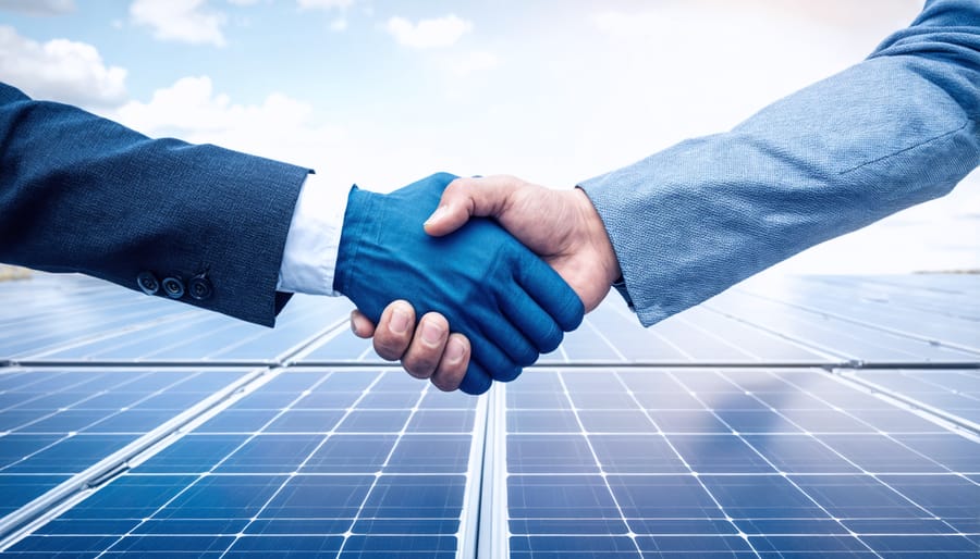 Partnership between a business owner and solar installer, symbolizing the process of transitioning to solar energy