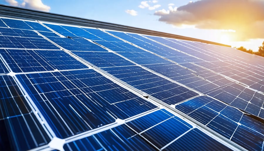 Solar panels mounted on the roof of a commercial building