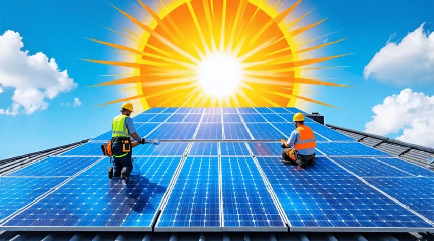 Illustration of technicians installing solar panels on the rooftop of a modern commercial building, symbolizing the shift to renewable energy.
