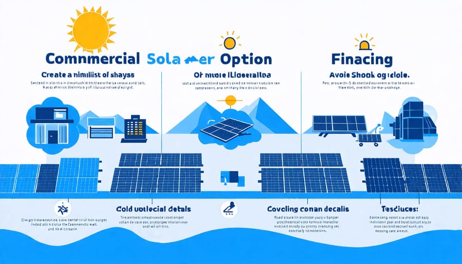 Infographic displaying types of commercial solar financing options such as PPAs, solar leases, loans, and PACE financing