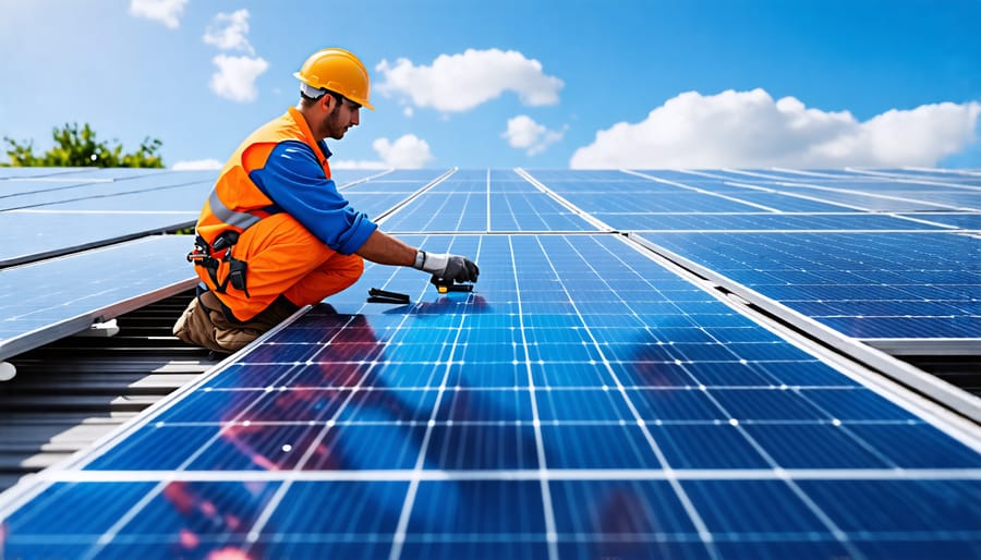 Professional solar installation team working on a commercial project