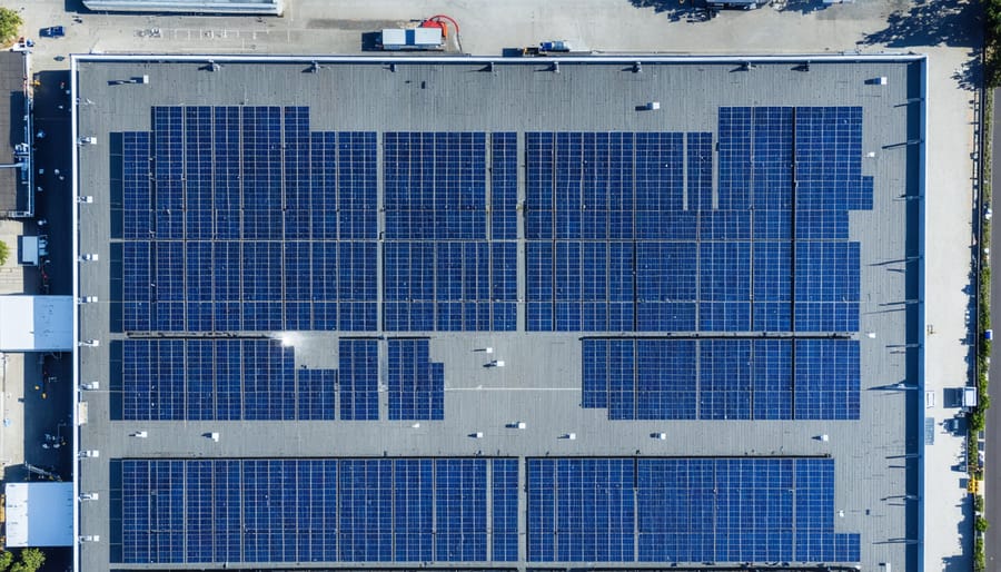 Expansive solar panel array on the roof of an industrial building, showcasing the potential for solar energy in the commercial sector