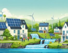 Illustration of a community utilizing decentralized energy systems, including solar panels on rooftops, wind turbines, and a micro-hydro plant, symbolizing renewable energy integration and community involvement.