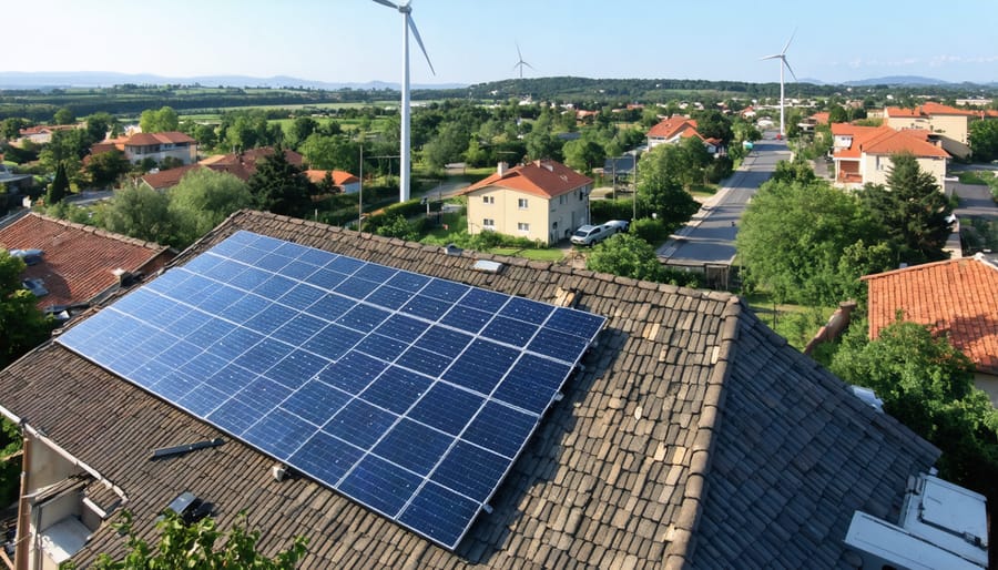 Overhead view of a residential area implementing distributed renewable energy generation