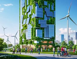 Illustration of a modern corporate skyscraper integrated with solar panels and wind turbines, surrounded by people engaging in sustainable practices, and lush greenery symbolizing corporate social responsibility.