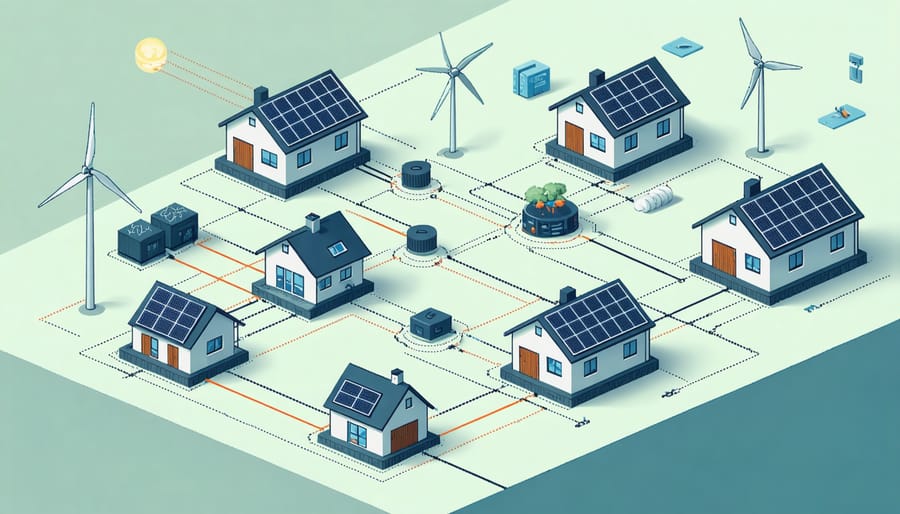 Conceptual diagram of a decentralized energy system with various renewable energy sources and storage solutions