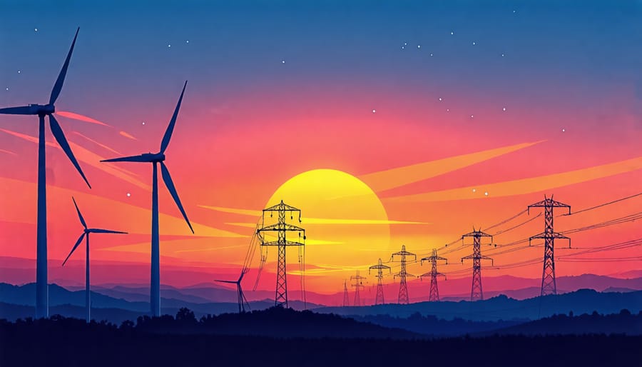 Silhouettes of power lines and wind turbines at sunset, symbolizing energy diversity