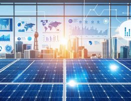 Illustration of a workshop for real estate and industry leaders, featuring solar panels, energy diagrams, and graphs depicting economic benefits.
