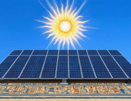 A fusion of ancient sun symbols alongside modern solar panels, illustrating the historical journey from sun worship to contemporary solar technology.