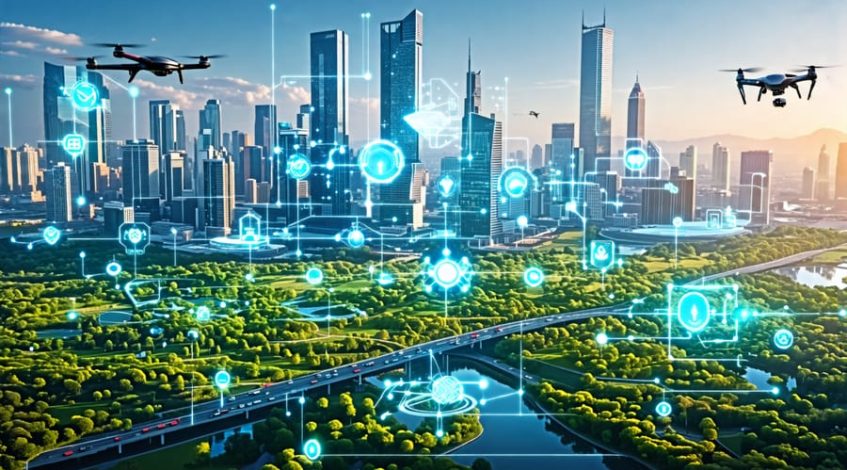 A futuristic city representing the convergence of digital, physical, and biological technologies, showcasing a harmonious blend of innovation and collaboration.