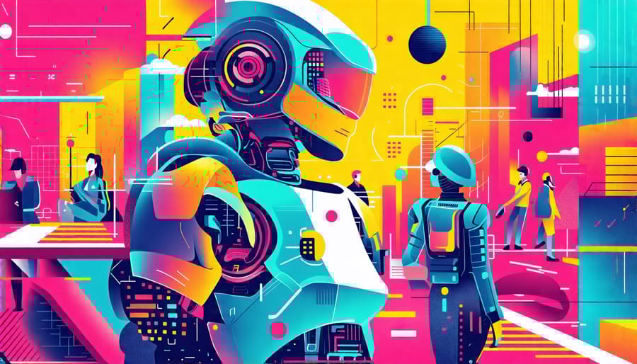 Conceptual representation of workers collaborating with robots and AI in a future work environment