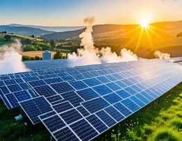 A geothermal power plant and solar panels integrated in a hybrid system creating a sustainable energy solution.