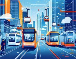 A futuristic city showcasing diverse public transport options, including electric buses, smart traffic lights, autonomous shuttles, aerial cable cars, and on-demand minibuses, all linked through a central digital platform.