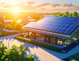 Conceptual image of a nonprofit building with solar panels and a glowing grant document, symbolizing solar funding integration and a sustainable future.