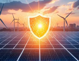 Conceptual illustration showing diverse energy sources, including solar panels and wind turbines, forming a shield symbolizing energy resilience protecting a cityscape.