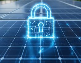 A solar panel installation with a digital lock symbol overlaid, symbolizing cybersecurity protection for solar energy systems.