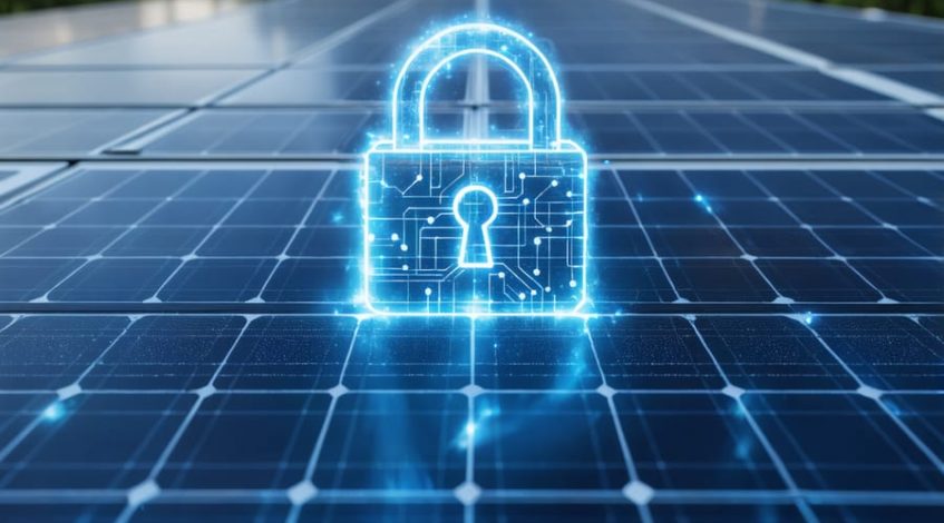 A solar panel installation with a digital lock symbol overlaid, symbolizing cybersecurity protection for solar energy systems.