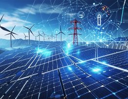 Visual representation of a resilient power grid incorporating diverse energy sources, digital data elements, and cybersecurity icons to depict modern grid advancements.