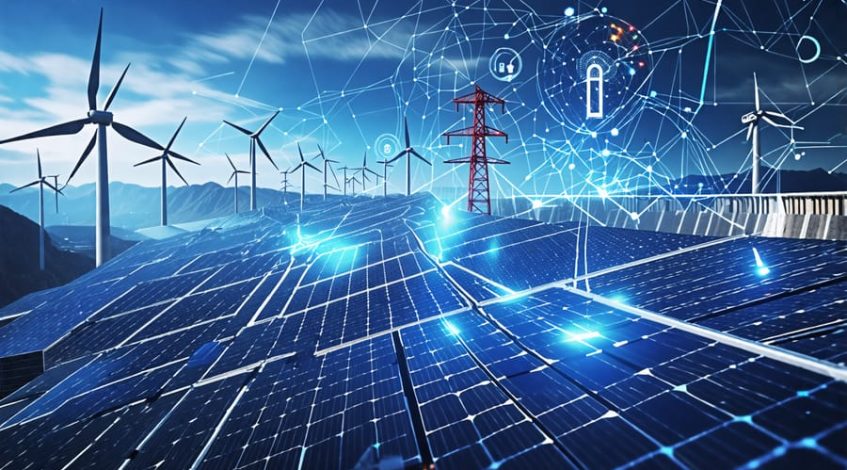 Visual representation of a resilient power grid incorporating diverse energy sources, digital data elements, and cybersecurity icons to depict modern grid advancements.