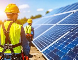 Solar installation workers equipped with personal protective equipment ensuring safety and compliance on a rooftop solar project.