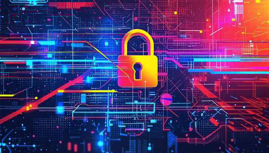 Conceptual image of a secure power grid with a padlock icon, representing strong cybersecurity