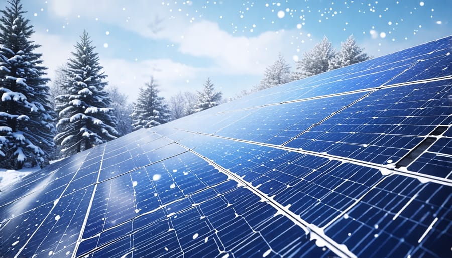 Snow-covered solar panels illustrating challenges for energy generation in winter.
