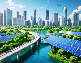 A futuristic cityscape powered by solar energy, with solar panels integrated into buildings, infrastructure, and water surfaces, illustrating sustainable harmony between modern technology and nature.