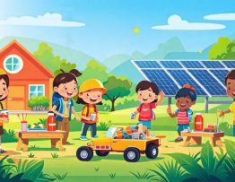 Elementary students participating in solar energy activities, building solar ovens, crafting with recyclables, and racing solar-powered toy cars in a school setting.