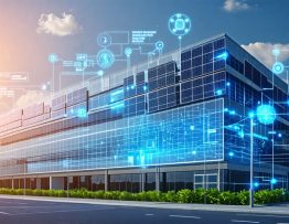 Illustration of a modern office building with solar panels and digital displays, showcasing a solar energy management system in action.