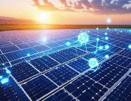 Conceptual depiction of cutting-edge solar technologies, including perovskite cells, bifacial panels, and floating solar installations, interconnected by digital representation of AI management systems.