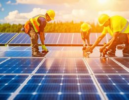 Diverse group of professionals collaboratively installing solar panels, illustrating the empowerment and innovation brought by solar job training.