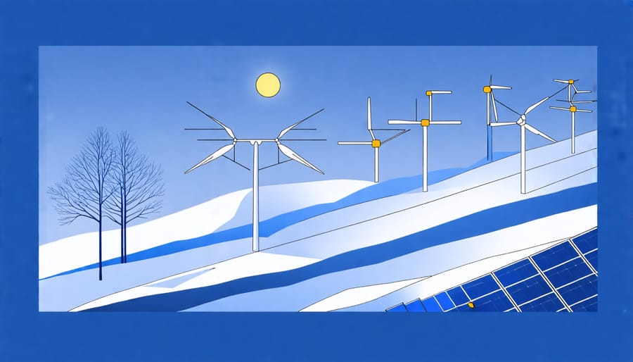 Illustration showing optimal angles of solar panels in relation to the sun's position in winter.