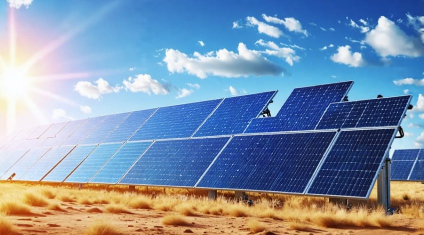 An intricate illustration showing solar panels in various weather environments, including sunny deserts, snowy lands, and windy coasts, depicting their durability and efficiency over time.