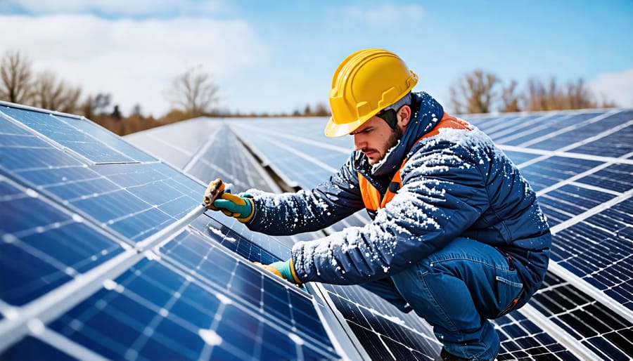 A technician maintaining solar panels surrounded by snow, ensuring optimal performance.