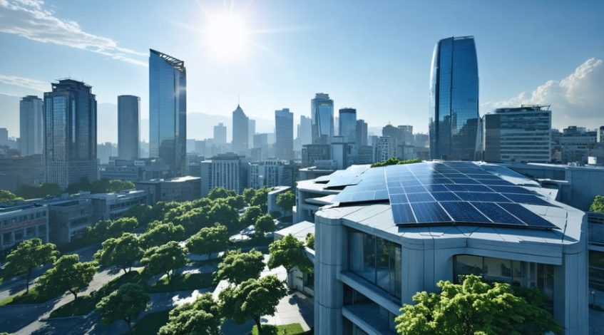 A futuristic city skyline featuring commercial buildings with rooftop solar panels, surrounded by green spaces, representing the integration of solar energy in modern business environments.