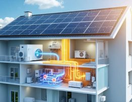 An illustration of a city featuring buildings with rooftop solar panels and a detailed view of a solar-powered HVAC system integrated into a building.