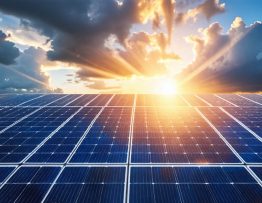 Conceptual image depicting a solar array amidst stormy clouds with sunlight beams, symbolizing the resilience and stability of solar energy solutions.