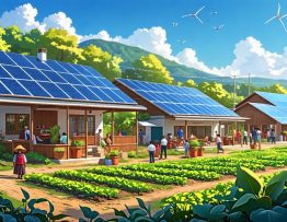 A lively rural community featuring solar panels on homes and community buildings, with residents partaking in daily activities, showcasing the integration of renewable energy into rural life.