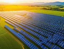 Aerial view of a large solar farm integrated within agricultural land, illustrating the blend of solar energy production and traditional farming.