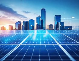 Illustration depicting collaborative efforts among businesses, government, and technology innovators to enhance solar energy efficiency and reduce costs.