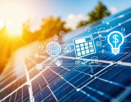 Solar panels with overlaid icons representing financing and savings, symbolizing the empowerment through solar energy financing options.