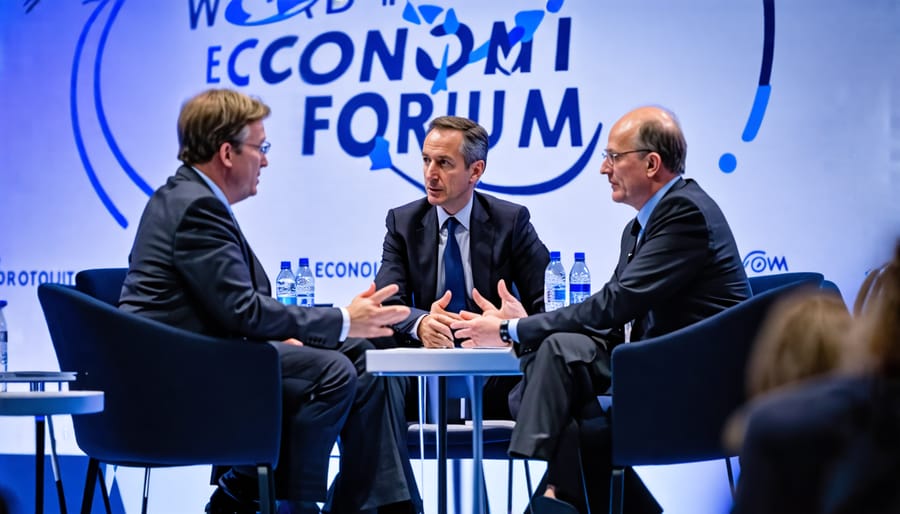 Diverse group of global leaders engaged in discussions at a World Economic Forum gathering